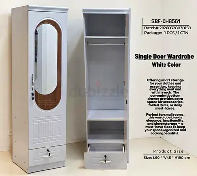 Single Door White Wardrobe with Mirror and Drawer - Compact 190cm Height