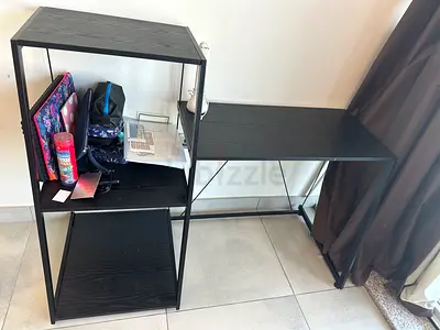 Black metal-frame shelving unit with side table - good condition