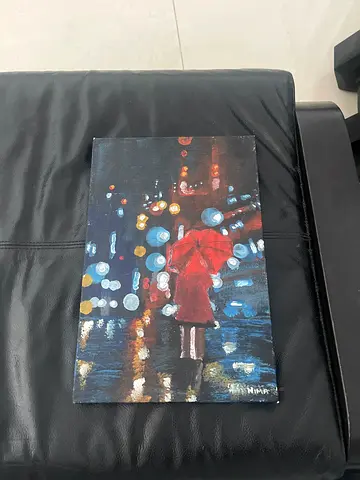 Original Acrylic Canvas Painting — Woman in Red with Umbrella, City Night Scene