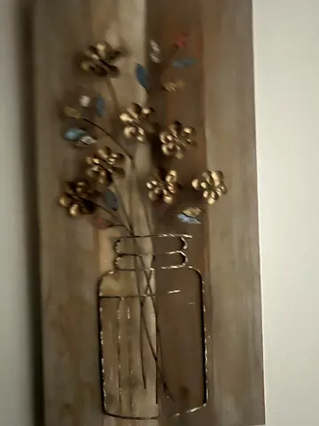 Wooden Wall Art Panel with Metal Flower Vase