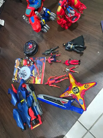 Mixed kids action figures and toy vehicles bundle - Batman, Spiderman, robots