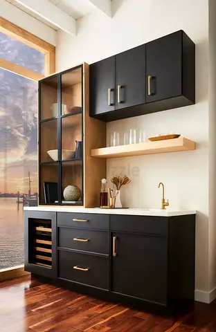 Modern Black and Wood Kitchen Cabinets with Glass Display