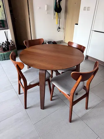Brown round dining table + 4 West Elm chairs
