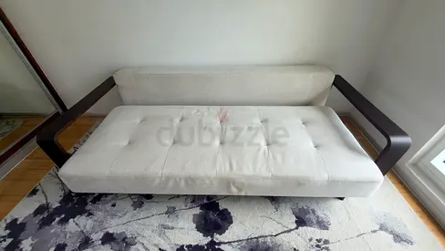 Fold-out Sofa Bed in Light Beige with Dark Wood Frame