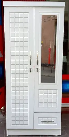 White 2-Door Wardrobe with Mirror and Drawer - Good Condition