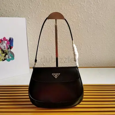 Prada Black Brushed Leather Cleo Shoulder Bag with Flap