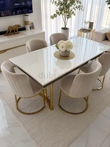 Modern 6-Seater Dining Set with White Glossy Table and Velvet Chairs
