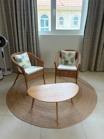 Rattan/Wicker Pair of Chairs with Round Coffee Table - Light Brown (RUG NOT INCLUDED)