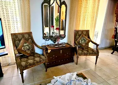 Pair of Antique-Style Upholstered Accent Chairs with Wooden Chest