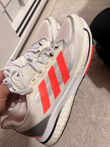 Adidas running shoes - white with coral stripes, lightly used