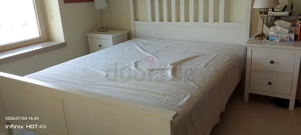 IKEA white queen wooden double bed frame with 2 matching sidetable