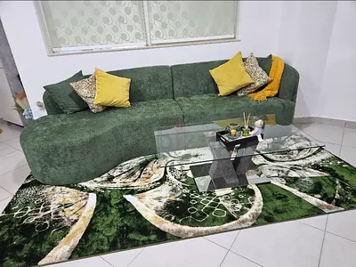 Green curved sofa with matching abstract green rug - set of sofa and rug