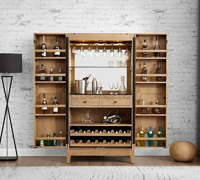 Modern Wooden Bar Cabinet with Integrated Lighting and Mirror