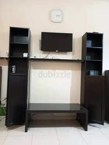 Modern Black Entertainment Center with Shelves and Cabinets