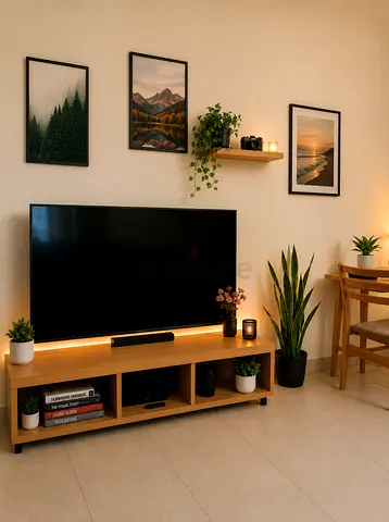 Minimal Wooden TV Stand and Philips 55 inch smart TV