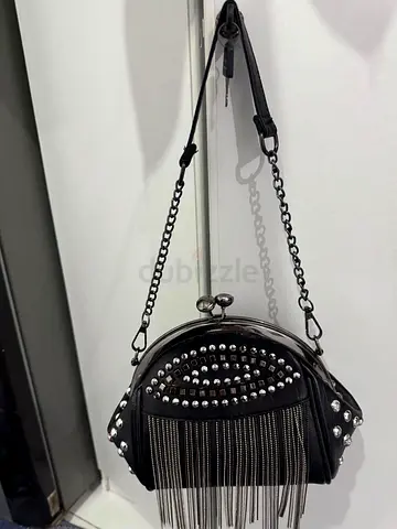 Black Studded Handbag with Fringe Detail