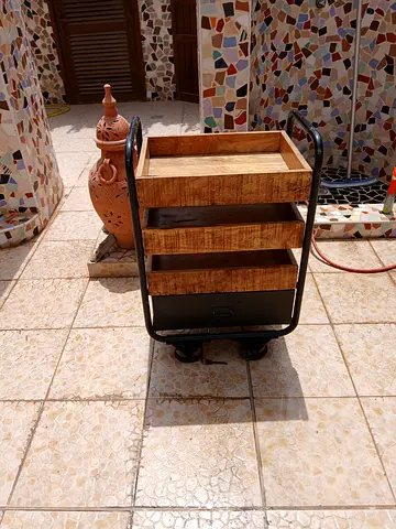 Wooden trolley cart with black storage drawer - used