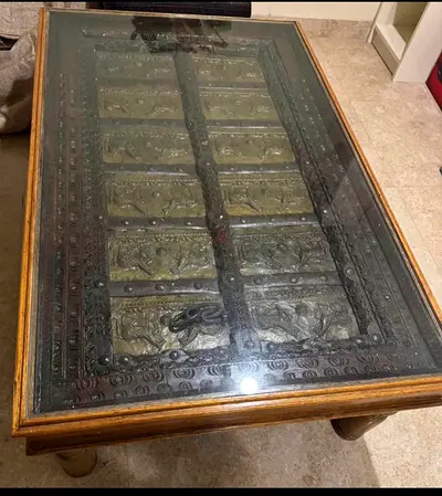 Indian Door Coffee Table with Glass Top – Natural Finish