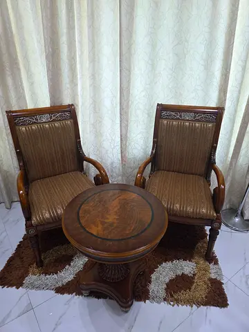 Wooden pair of armchairs with matching round side table - classic design