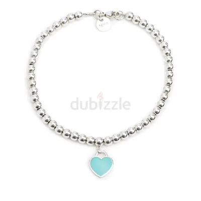 Tiffany  Co Sterling Silver Return to Tiffany Mini Heart Tag 4 MM Bead Bracelet with Blue Enamel