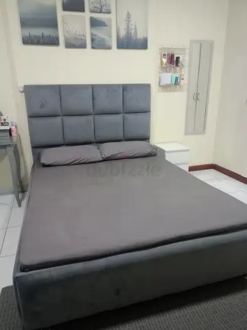 Classy Grey upholstered double bed  mattreswith padded headboard - with free nightstandspa