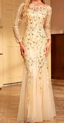 Beige Embellished Long Sleeve Evening Gown - Size Small