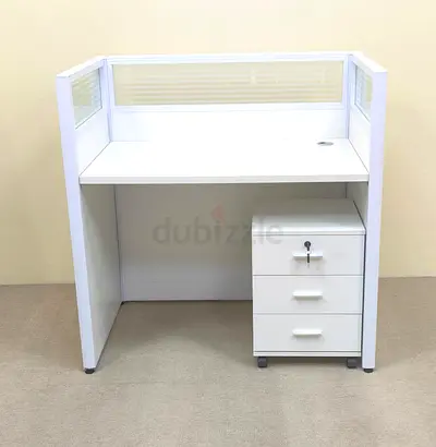 White Office Workstation Cubicle with 3-Drawer Mobile Pedestal