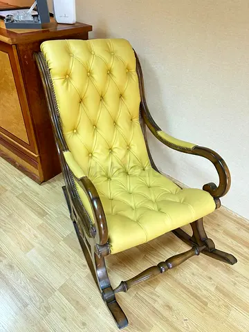Vintage Wooden Rocking Lounge Chair with Yellow Tufted Upholstery