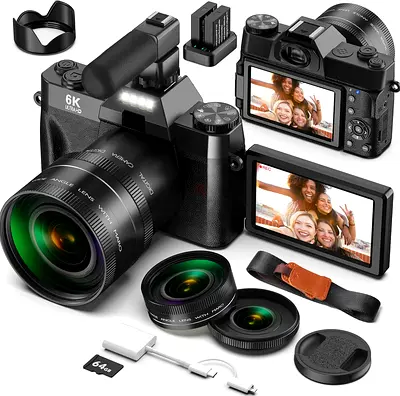 Digital Cameras for Photography and Vlogging, 6K 64MP Flip Screen, Dual Lens