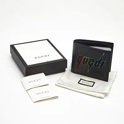 Gucci Black Leather Bi-fold Wallet with Multicolor Logo - Brand New Never Used