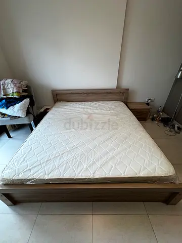 King bed frame with mattress - oak finish, good condition