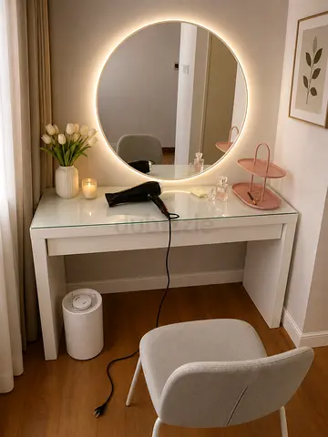 Modern White Dressing Table with mirror and chair