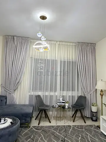 Light Grey and beige Floor Length black out Curtains with Sheer Inner Layer with 2 railings and belt