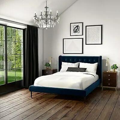 Upholstered Velvet Bed Frame with Headboard - Queen Size, Navy Blue