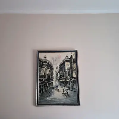 Vintage Black  White City Street Painting in Frame