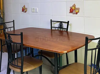 Wooden Top Dining Table with 4 Metal Frame Chairs - Good Condition