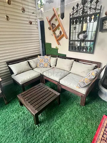 Outdoor Wooden Modular Patio Sofa Set with Coffee Table - Dark Stain