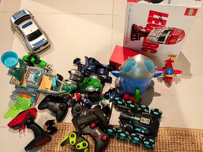 Mixed kids toys lot: remote control cars, LEGO set, vehicles  playsets