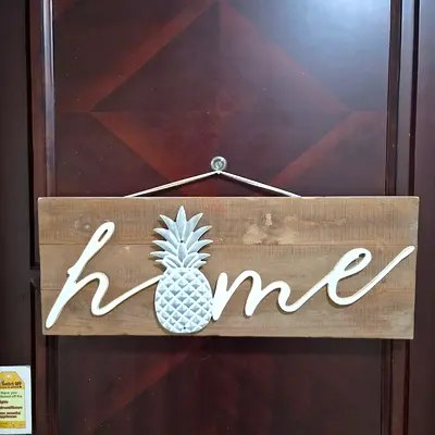 Wooden Home Wall Sign with Pineapple Accent - Rustic Decor