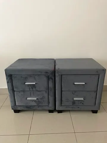 Pair of grey velvet bedside cabinets with drawers - good condition