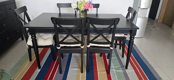IKEA Rosentorp solid Wood 6 Seater Dining Table expandable with 4 Chairs and Cushions