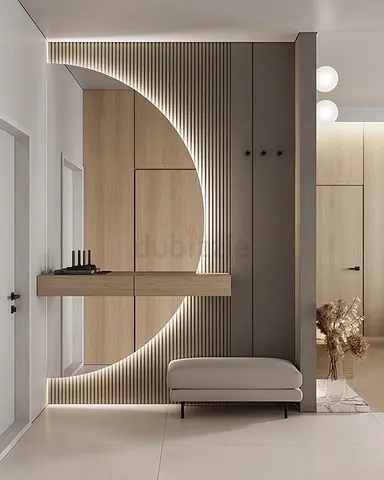 Modern wall-mounted console with built-in LED backlit mirror and bench