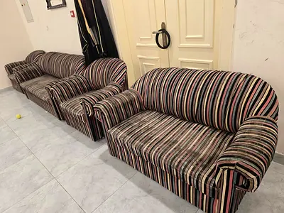 Multi-Color Striped Fabric Sofa and Armchair Set