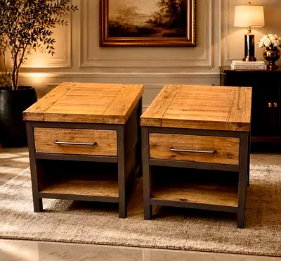 Pottery barn Pair of Solid Wood Industrial Nightstands with Drawer and Shelf