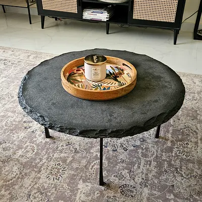 Round Stone Coffee Table – Black, Raw Edge Design