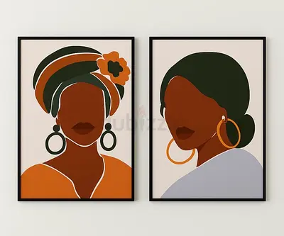 Set of 2 Minimalist Afrocentric Portrait Prints in Black Frames