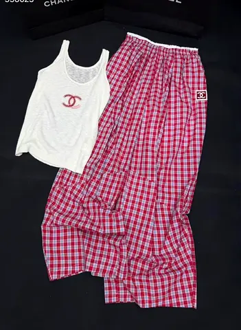 Chanel-inspired womens lounge set – tank top and red checked wide pants