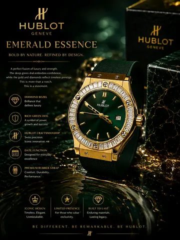 Hublot-style gold men’s watch with green dial and crystal bezel (preowned)