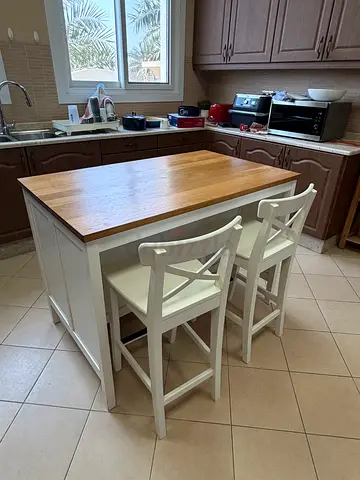 Solid wood kitchen island with 2 matching stools - white base, natural top