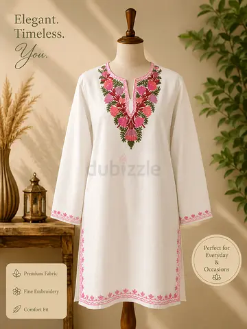 White Tunic with Pink Floral Embroidery - Medium Authentic Kashmiri kurta